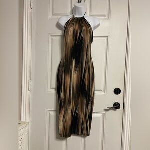 T31a-LOVELY DAY Brown-Black Abstract Print Halter BAREBACK Midi Dress